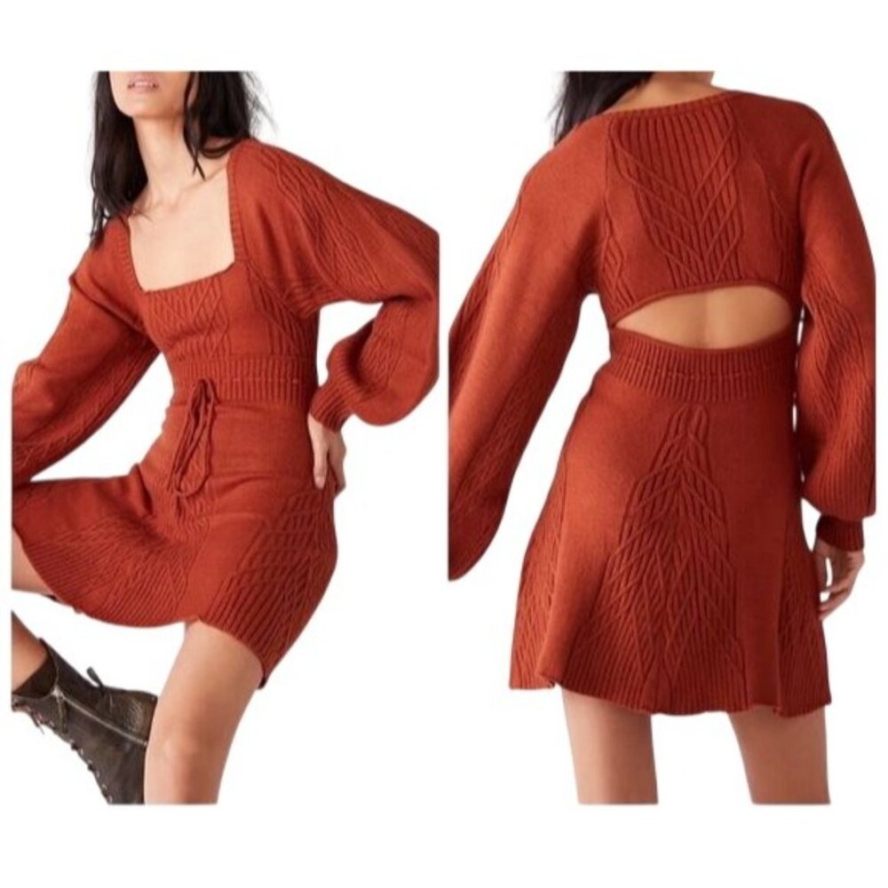 Free People Emmaline Cable knit bishop sleeve open back mini dress sweater XS
